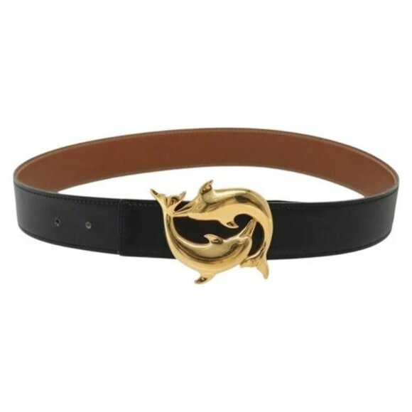HERMES Dolphin Belt Leather 33.5"" Black Gold Auth - Picture 9 of 13